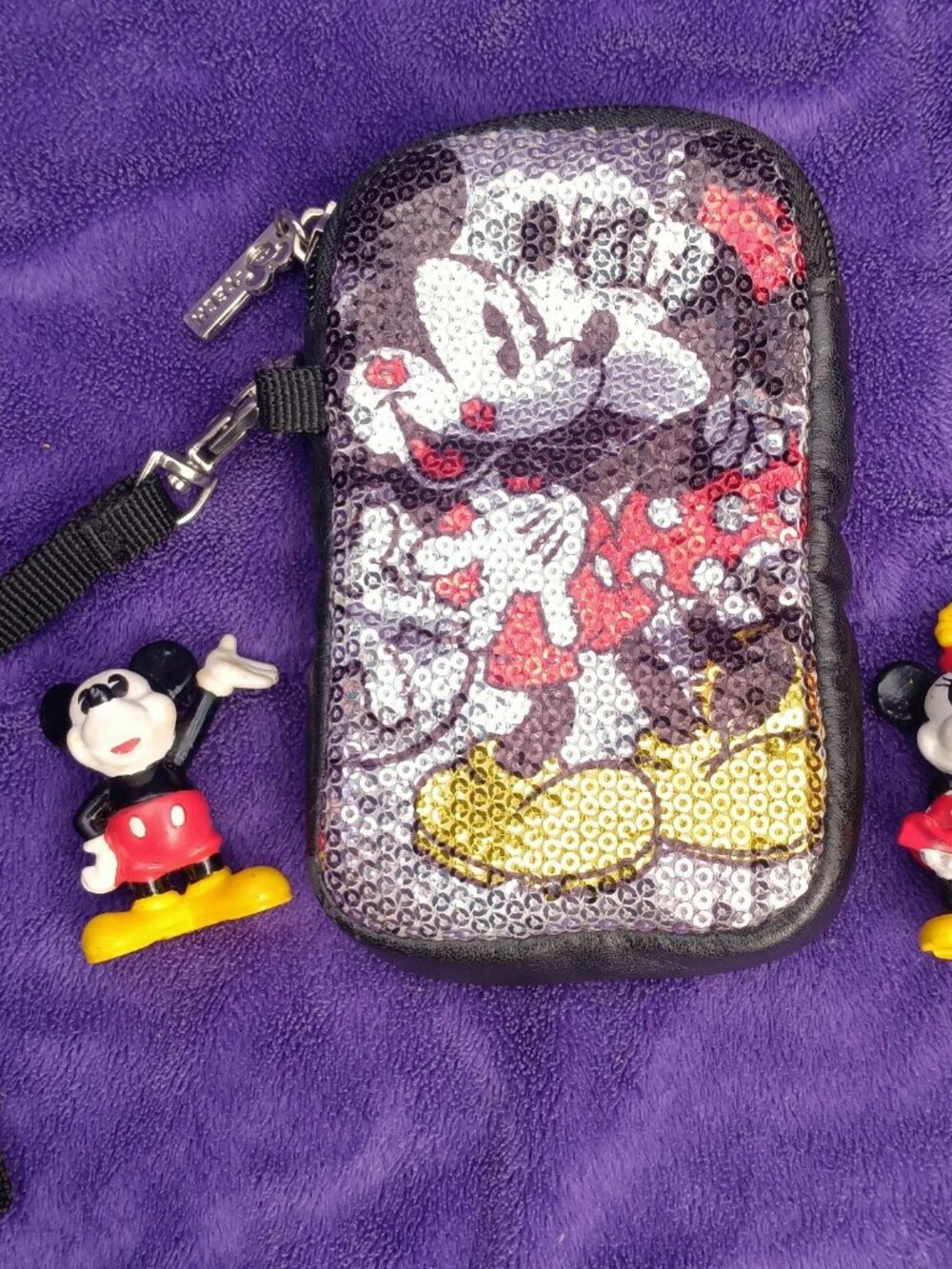 Disney Mickey Minnie Mouse Sequin Tech Phone Camera Coin Pouch Wristlet